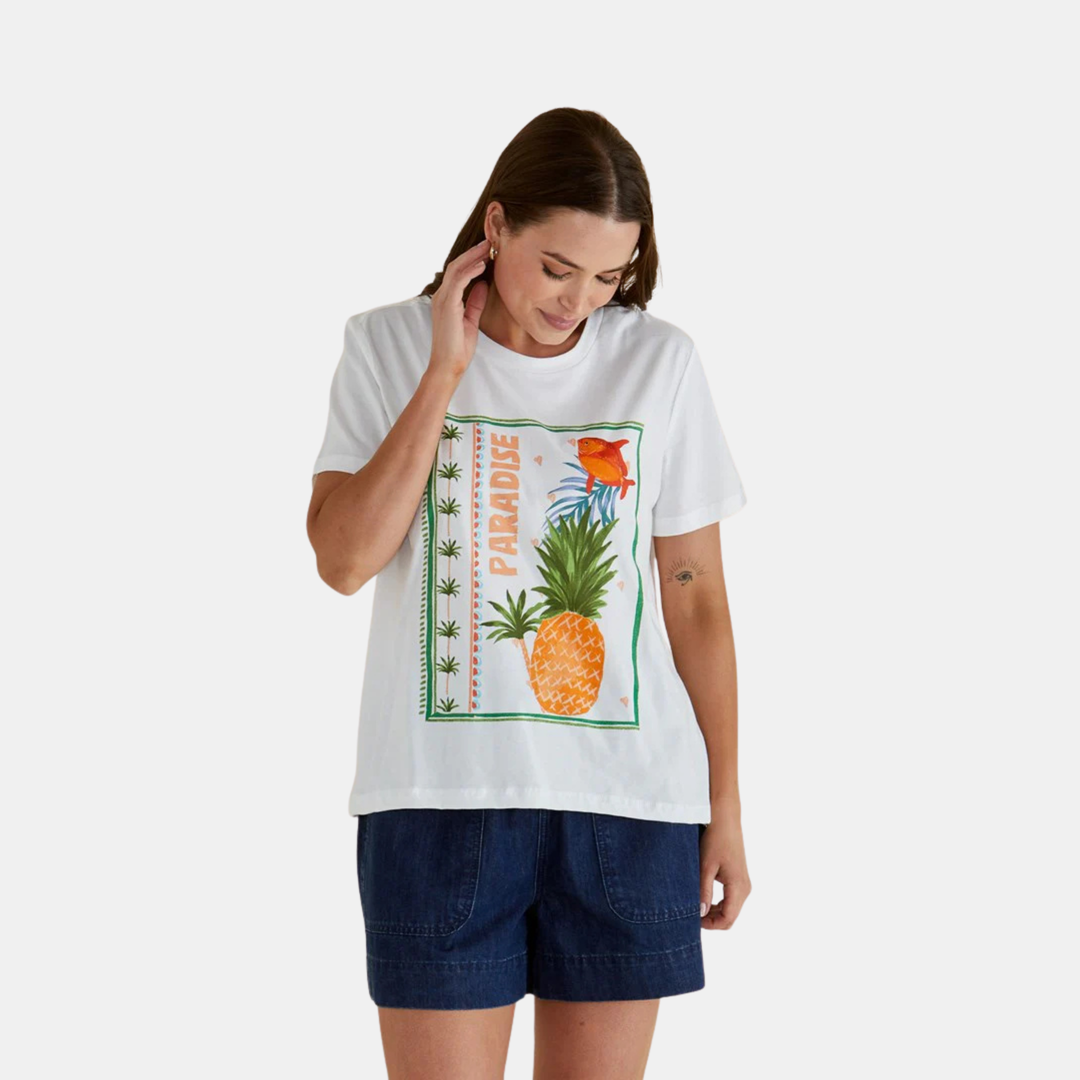Ellia Crew Tee - Paradise Beach Print White
