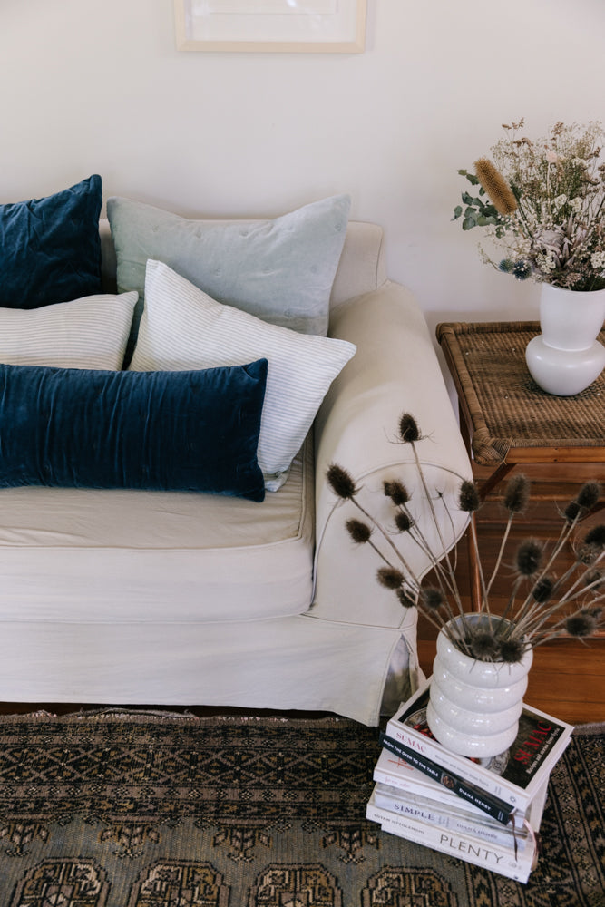Raine & Humble | Mason Bee Velvet Breakfast Cushion 30x60cm - Navy | Shut the Front Door