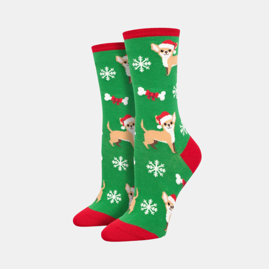 Socksmith | Women's Socks - Festive Chihuahua - Green | Shut the Front Door
