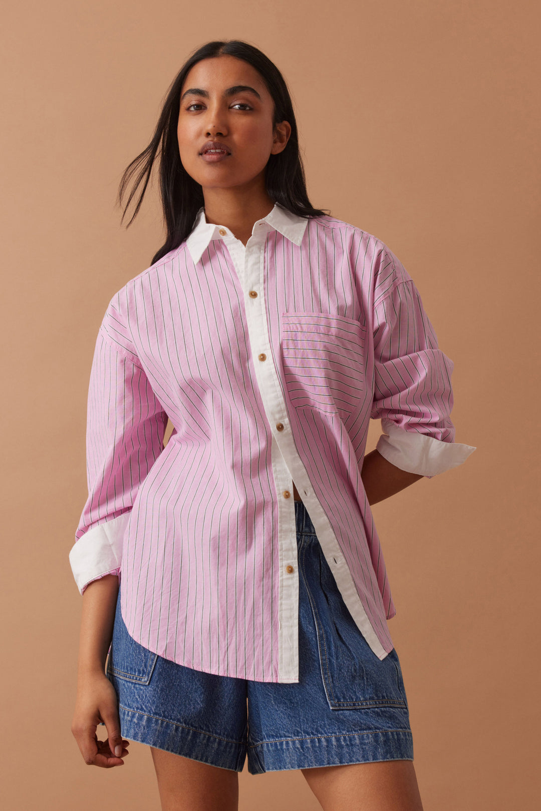 Peta Oversized Shirt - Hibiscus Pink / Triple Stripe White Collar