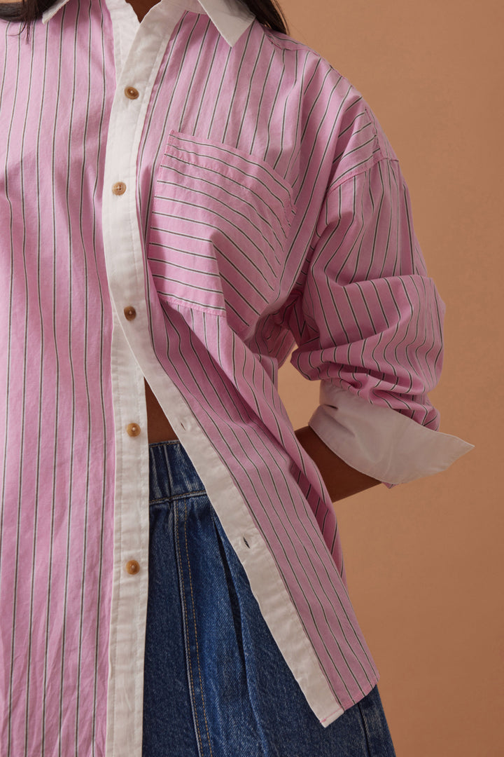Peta Oversized Shirt - Hibiscus Pink / Triple Stripe White Collar