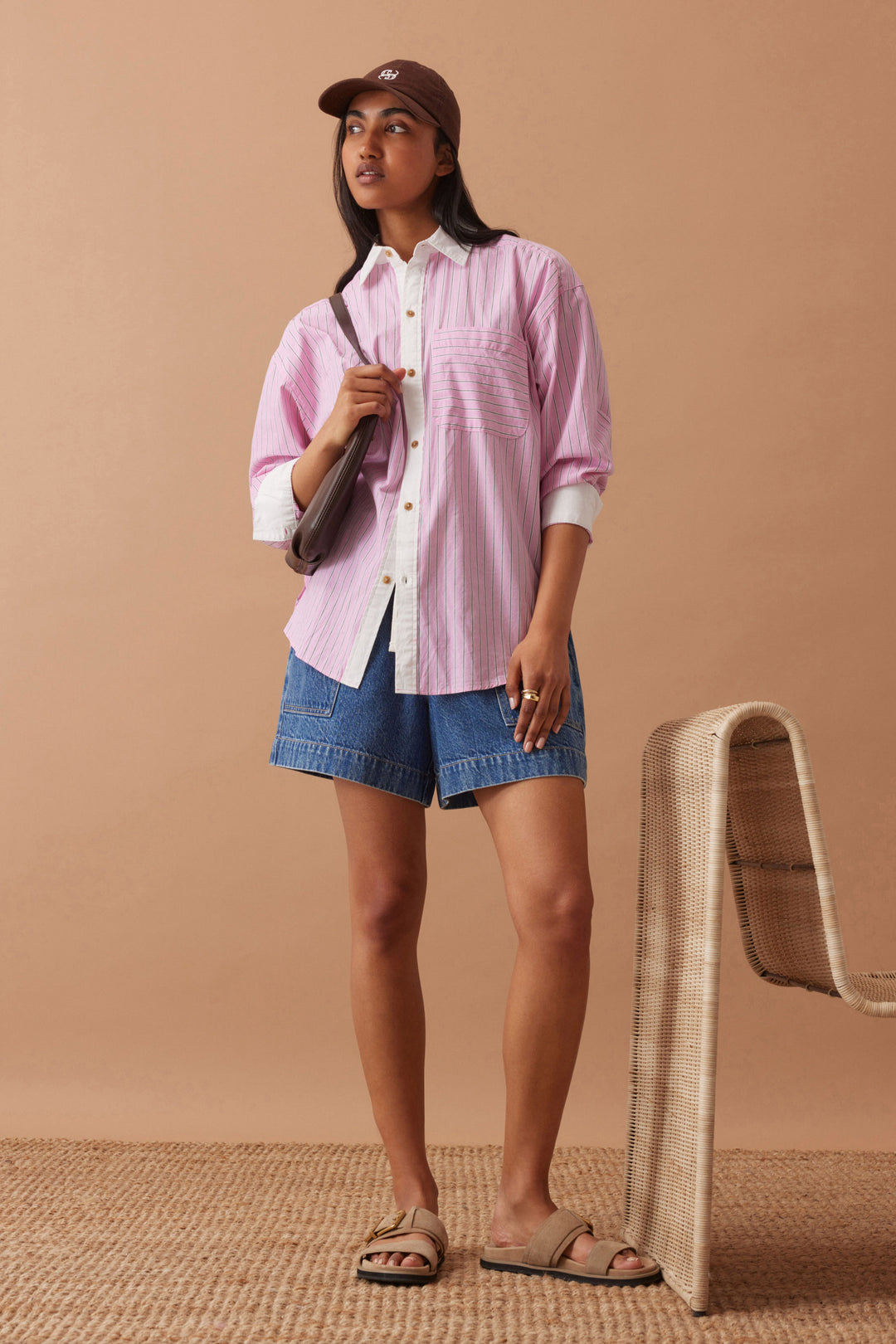 Peta Oversized Shirt - Hibiscus Pink / Triple Stripe White Collar