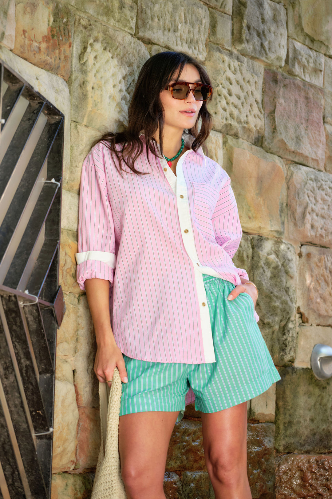 Peta Oversized Shirt - Hibiscus Pink / Triple Stripe White Collar