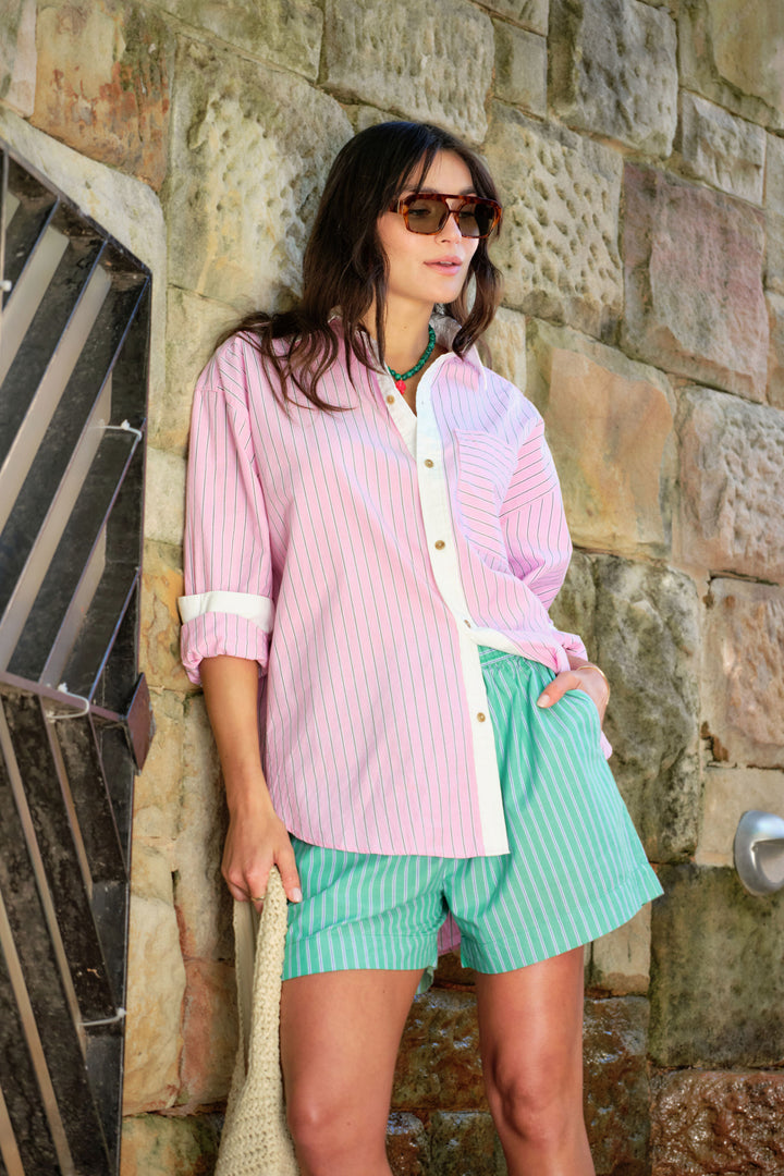 Peta Oversized Shirt - Hibiscus Pink / Triple Stripe White Collar