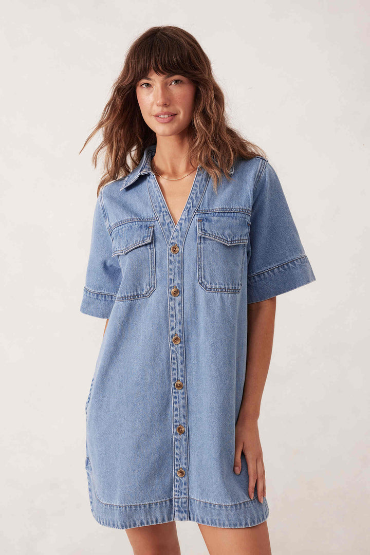Sammy Relaxed Shirt Dress - Mid Vintage Blue