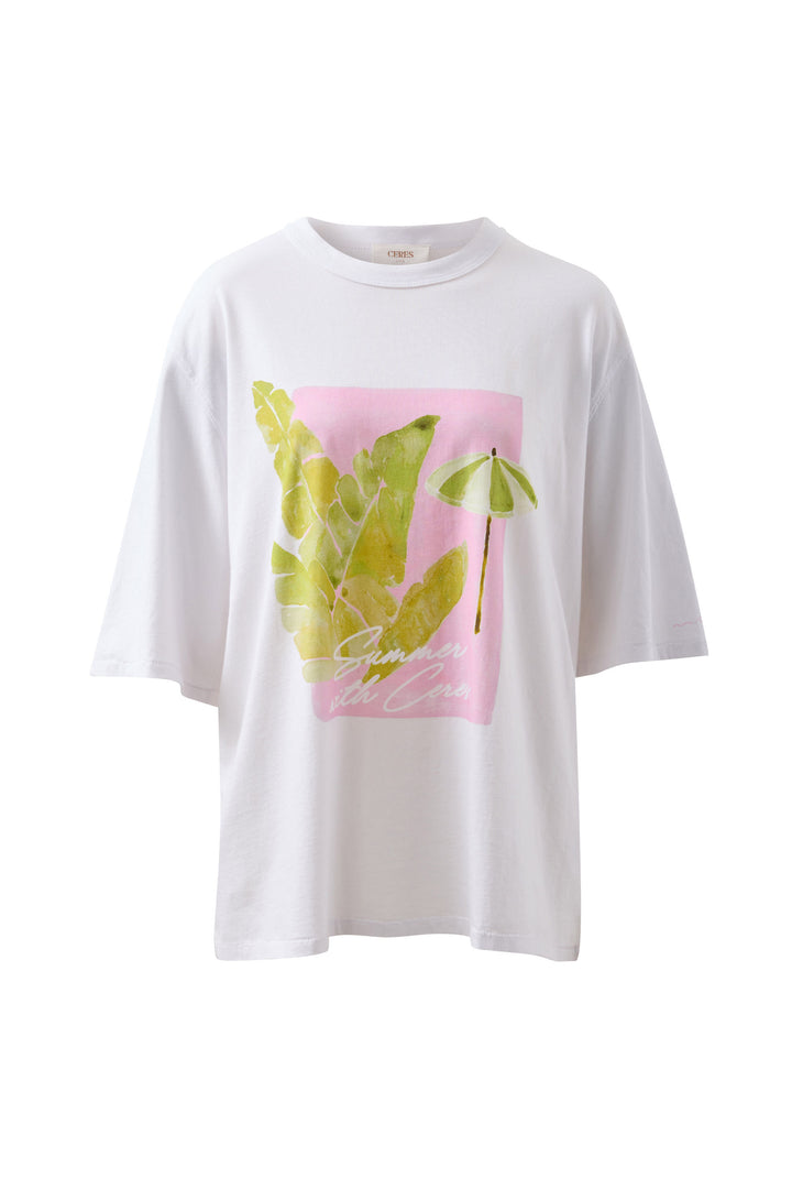 Liv Oversized Tee - White Coastal Leaves