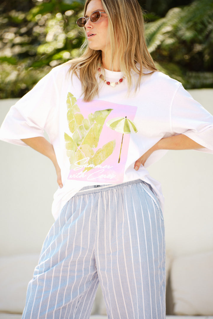 Liv Oversized Tee - White Coastal Leaves