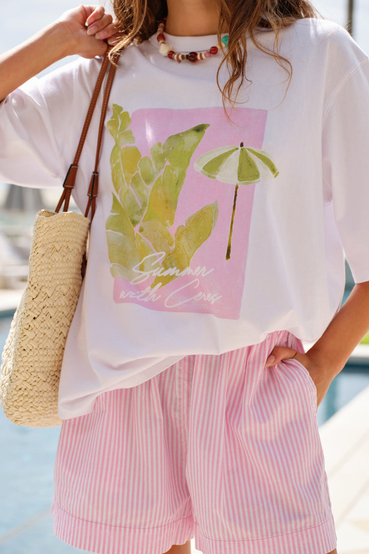 Liv Oversized Tee - White Coastal Leaves