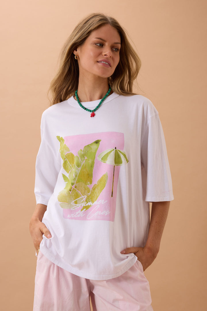 Liv Oversized Tee - White Coastal Leaves