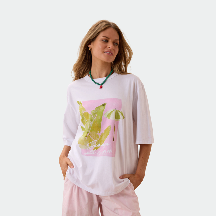 Liv Oversized Tee - White Coastal Leaves