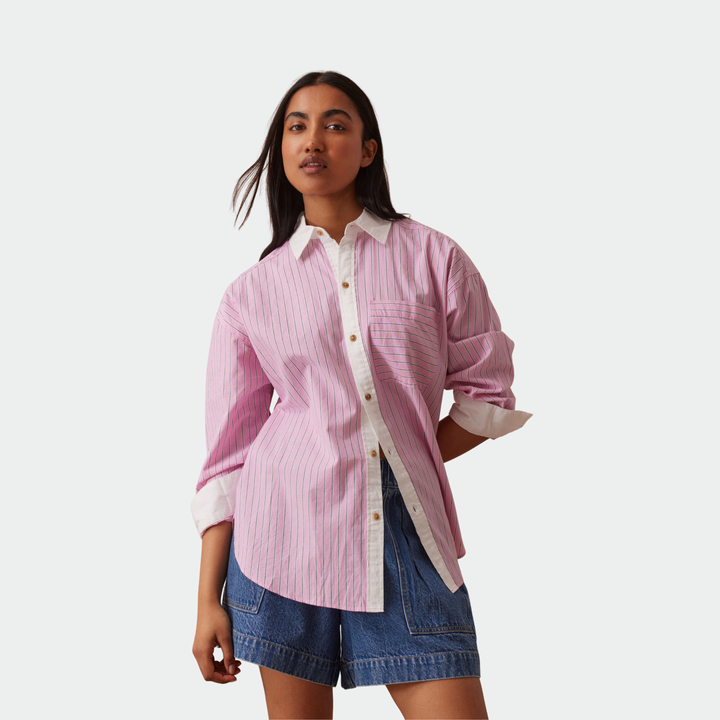 Peta Oversized Shirt - Hibiscus Pink / Triple Stripe White Collar