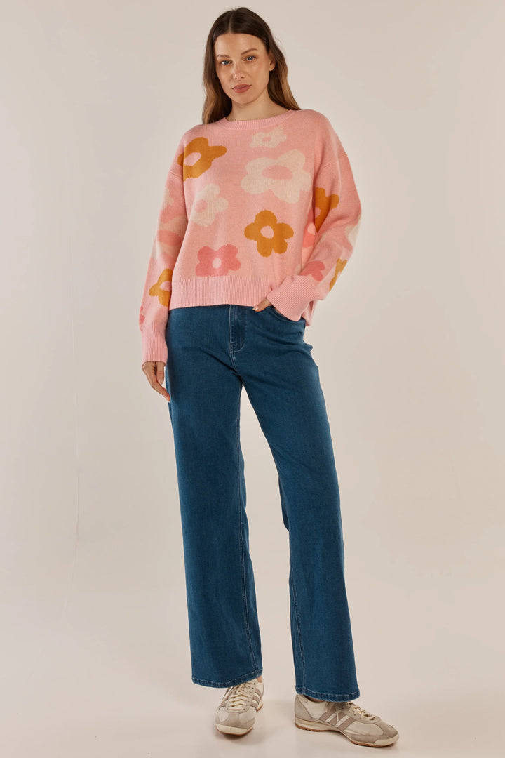 Betty Basics | Leonie Knit Sweater - Pink Jacquard Flowers | Shut the Front Door