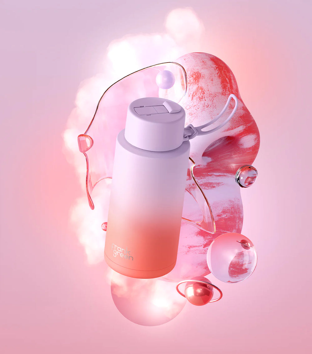 Frank Green | Ceramic Lined Reusable Bottle 34oz with Straw - Gradient Lilac Haze/Living Coral | Shut the Front Door