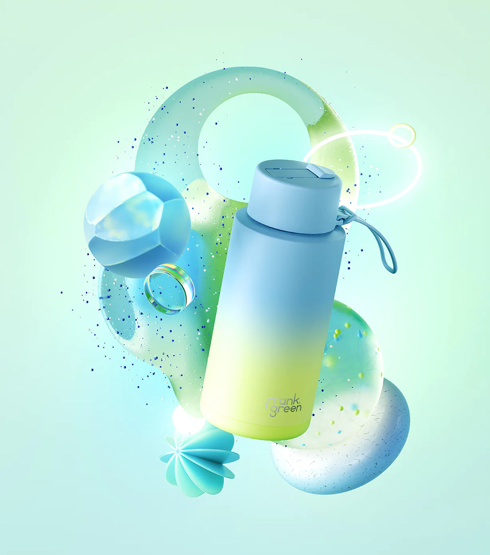 Frank Green | Ceramic Lined Reusable Bottle 34oz with Straw - Gradient Sky Blue/Pistachio Green | Shut the Front Door