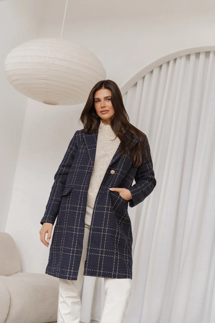 Betty Basics | Genevieve Coat - Gold/Navy Check | Shut the Front Door