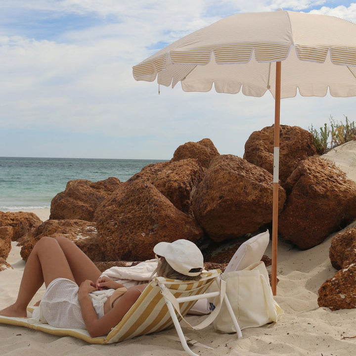 Sunnylife | Reclining Beach Chair - Mango Bay Golden Mustard Stripe | Shut the Front Door
