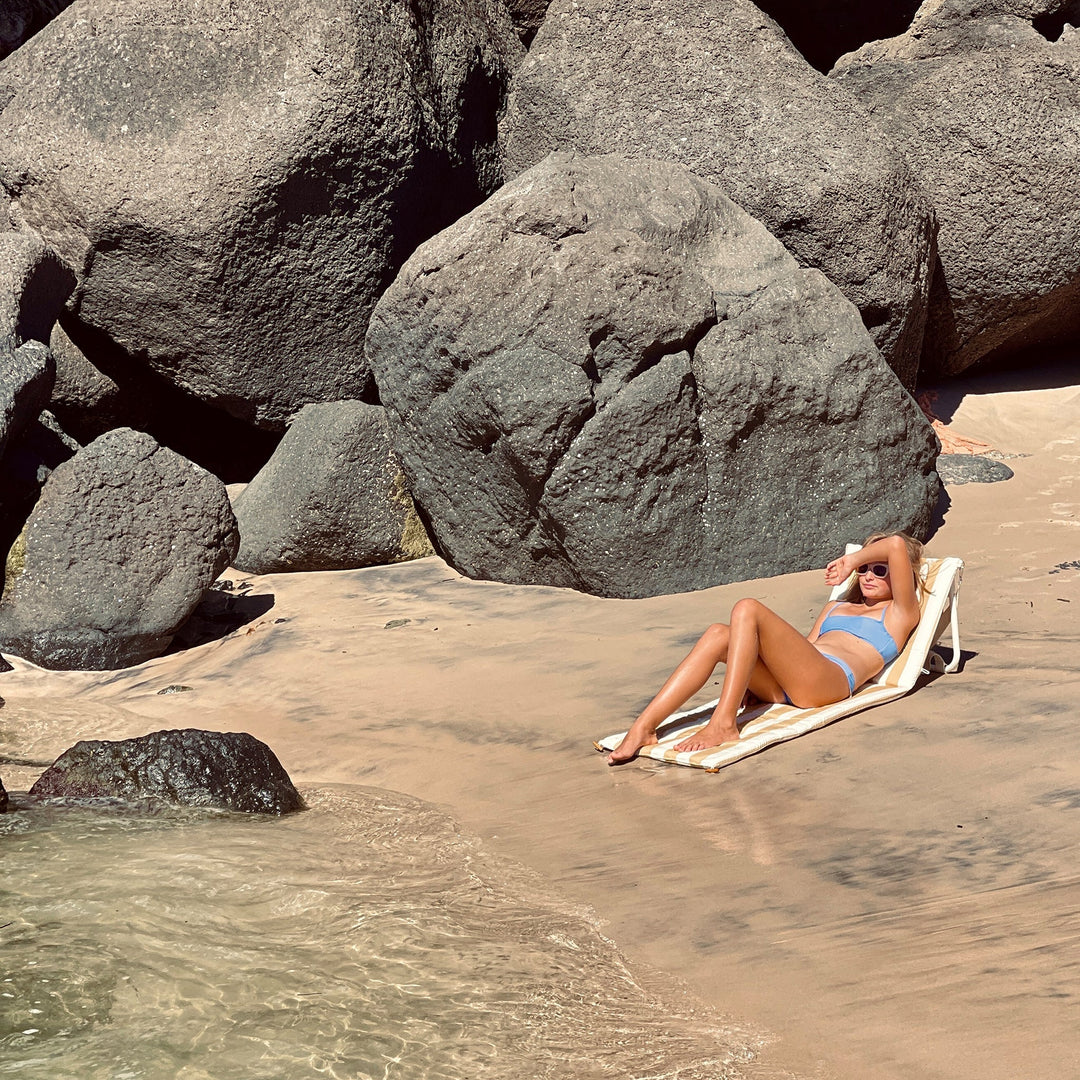 Sunnylife | Reclining Beach Chair - Mango Bay Golden Mustard Stripe | Shut the Front Door