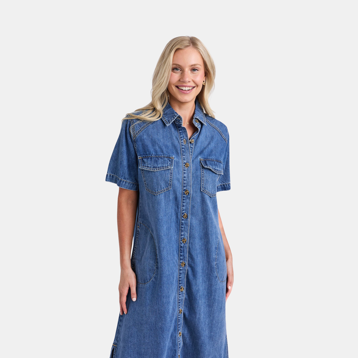 Ayla Denim Midi Dress - Mid Blue Wash