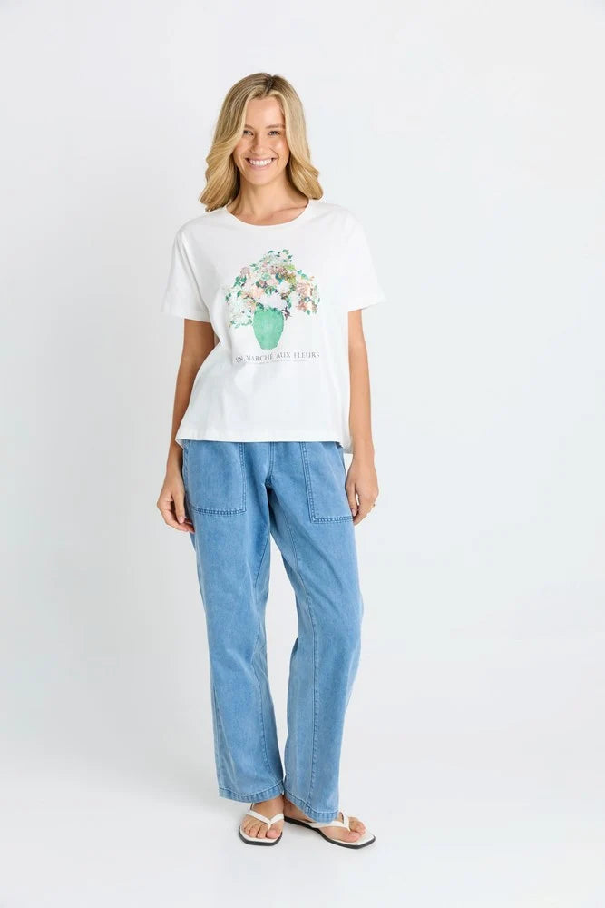 Ellia Crew Tee - Flower Print - White