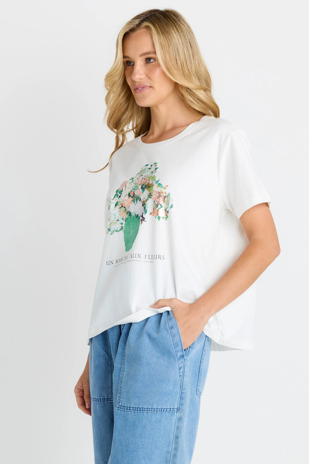 Ellia Crew Tee - Flower Print - White