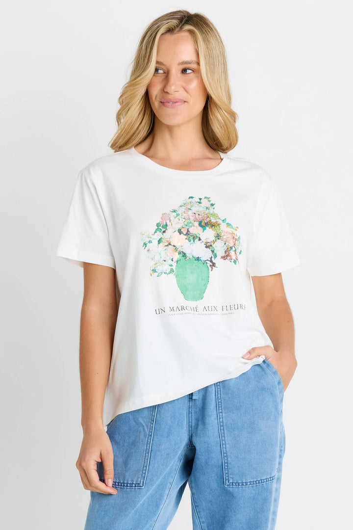 Ellia Crew Tee - Flower Print - White