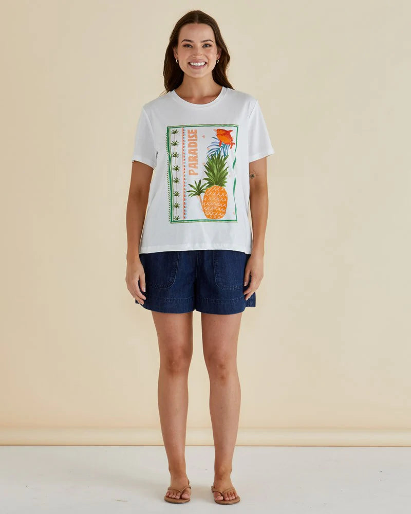 Ellia Crew Tee - Paradise Beach Print White