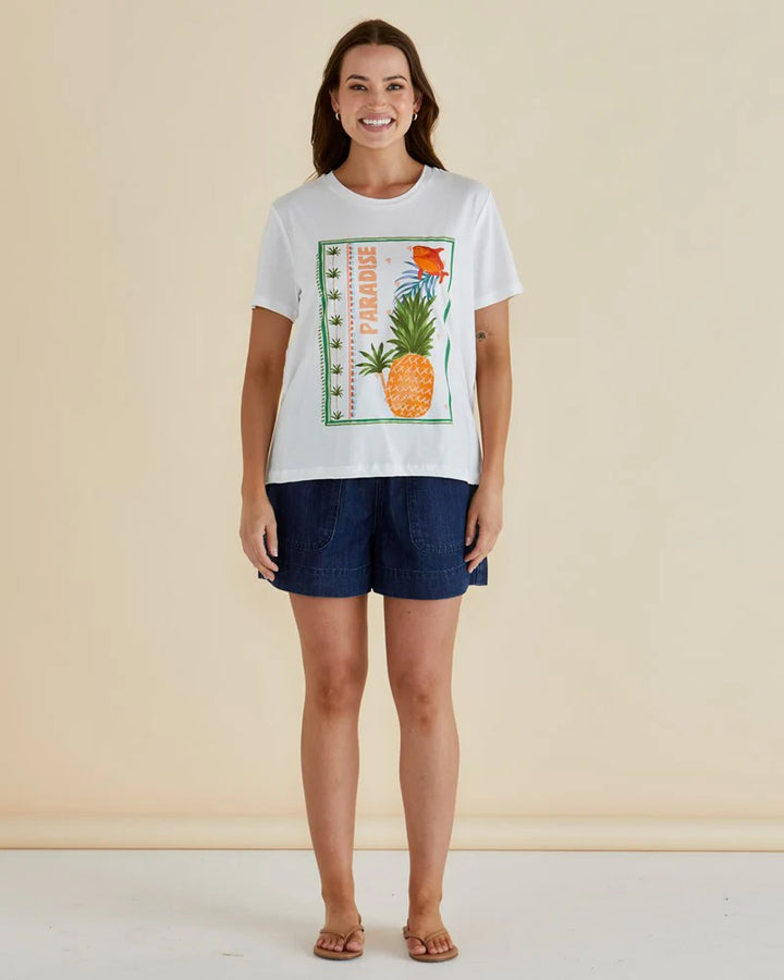 Ellia Crew Tee - Paradise Beach Print White