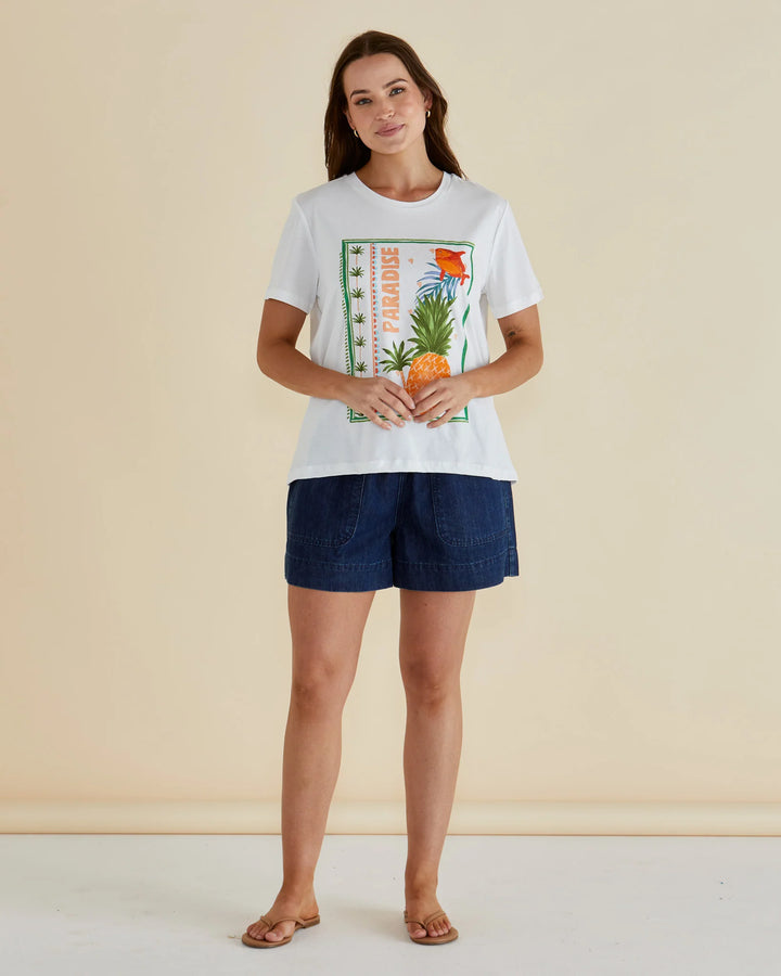 Ellia Crew Tee - Paradise Beach Print White