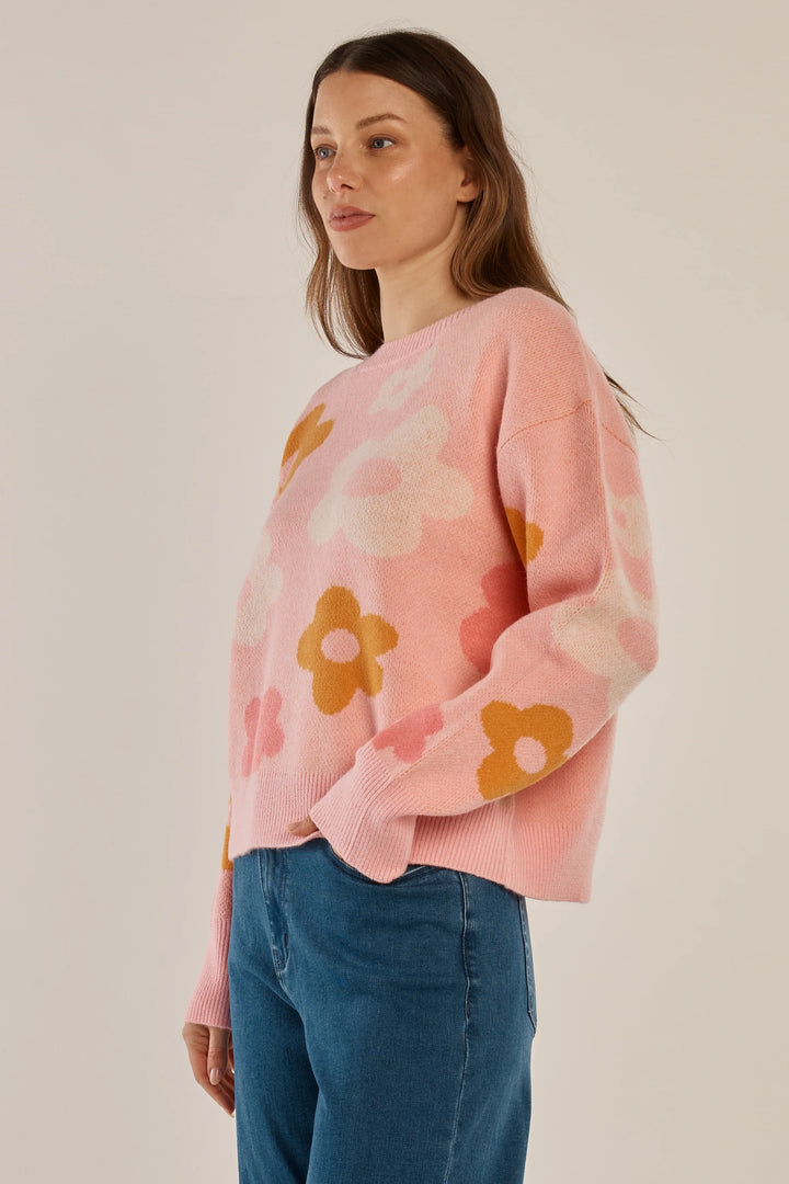Betty Basics | Leonie Knit Sweater - Pink Jacquard Flowers | Shut the Front Door