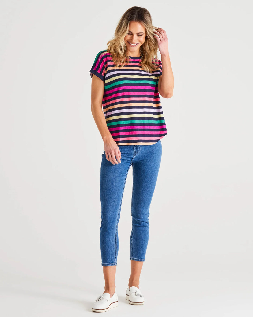Betty Basics | Hailey Short Sleeve Tee - Rainbow Stripe | Shut the Front Door