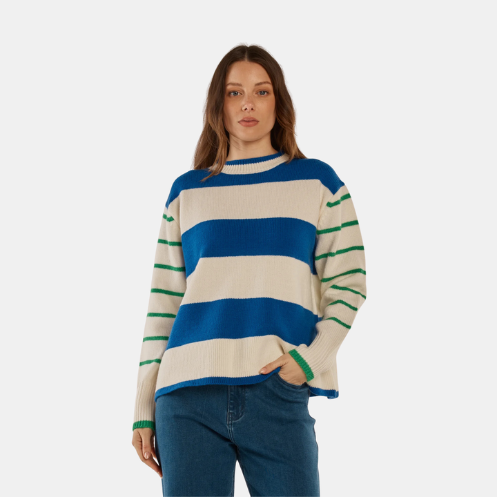 Betty Basics | Camryn Knit Sweater - Blue/Green Stripe Cream | Shut the Front Door