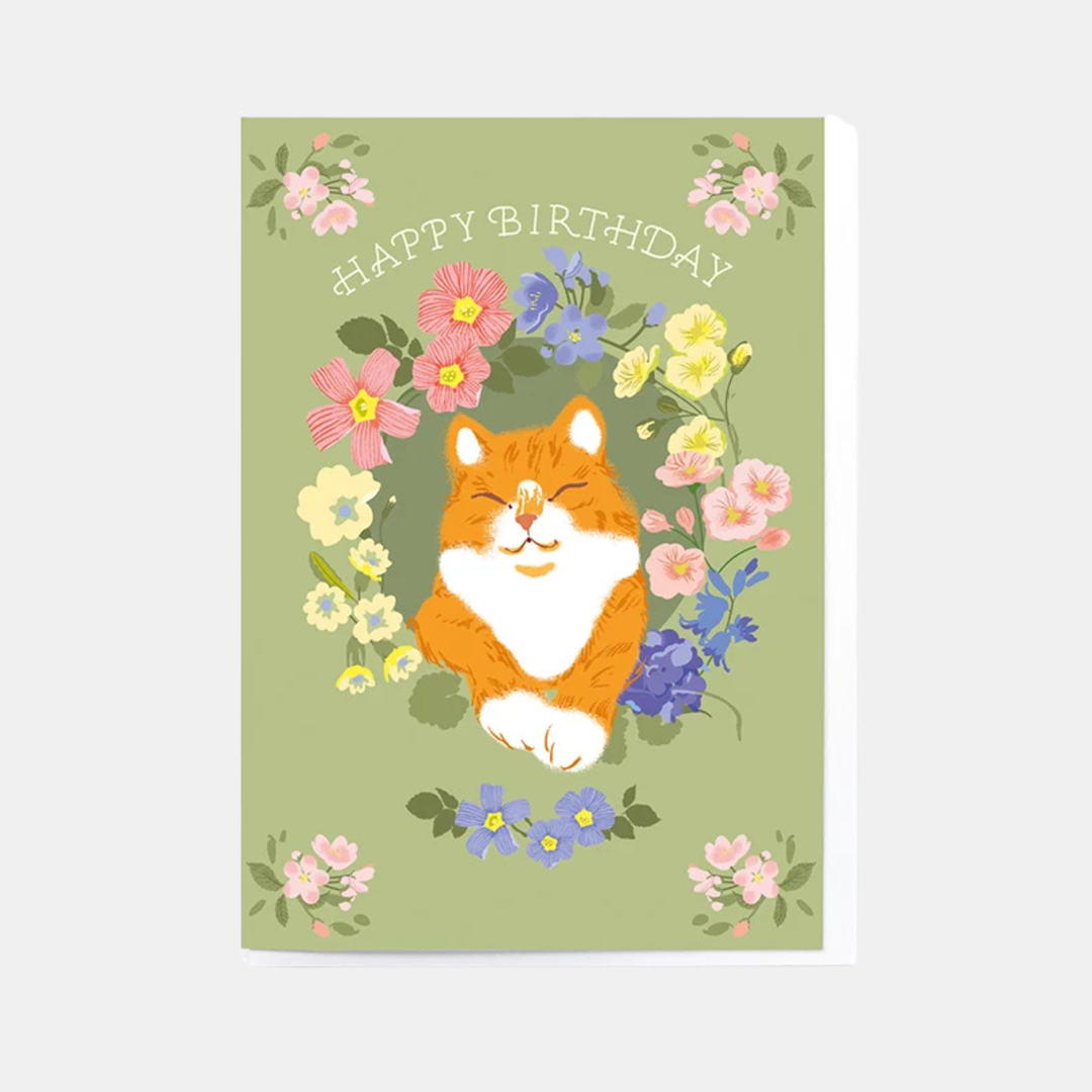 Card Birthday Cat and Flowers