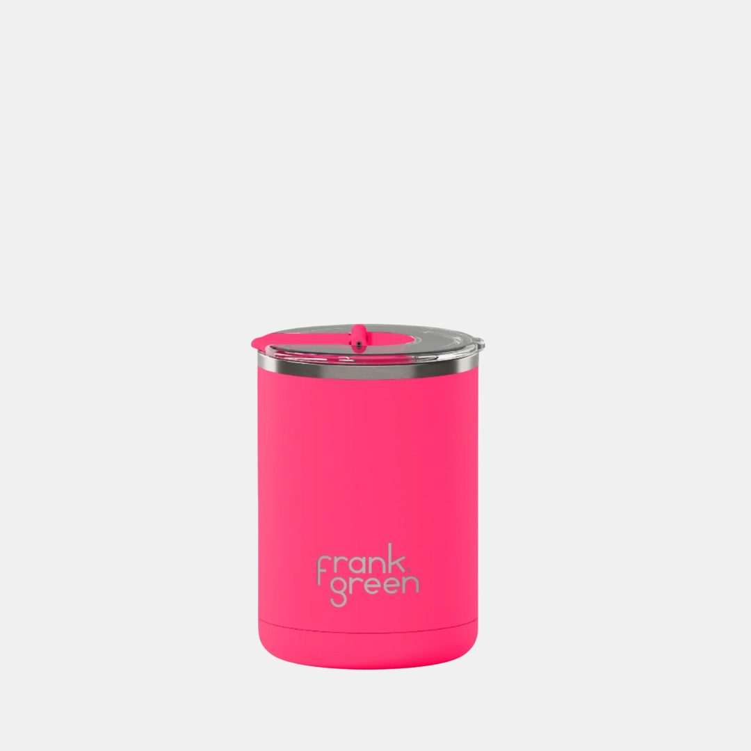 Frank Green | Ceramic Lined Coffee Cup 12oz Hinged Lid - Neon Pink | Shut the Front Door