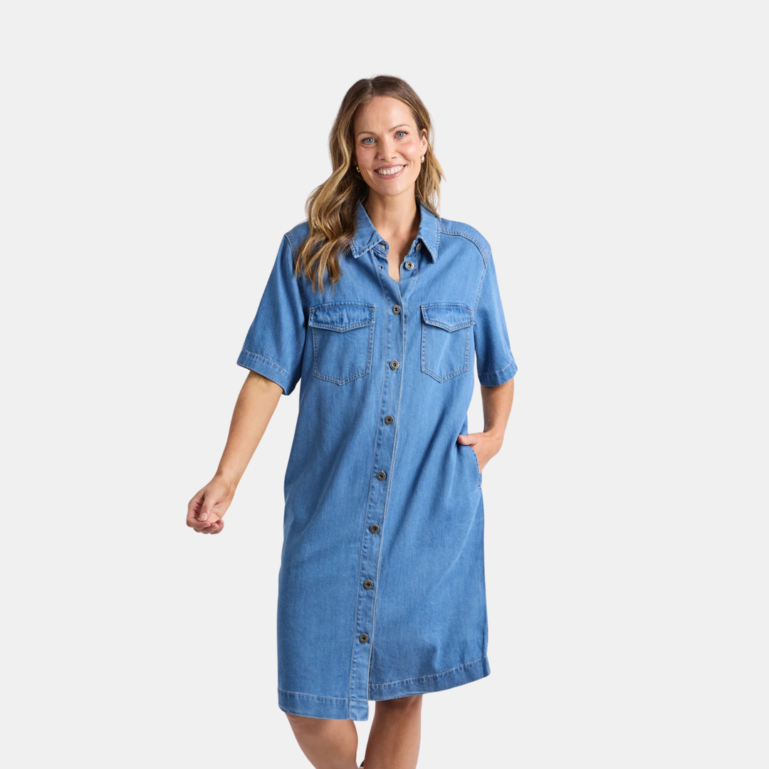 Cora Denim Dress - Mid Wash Blue | Elm Knitwear