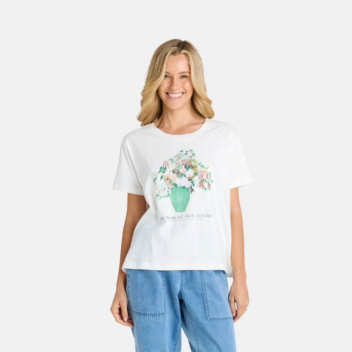 Ellia Crew Tee - Flower Print - White