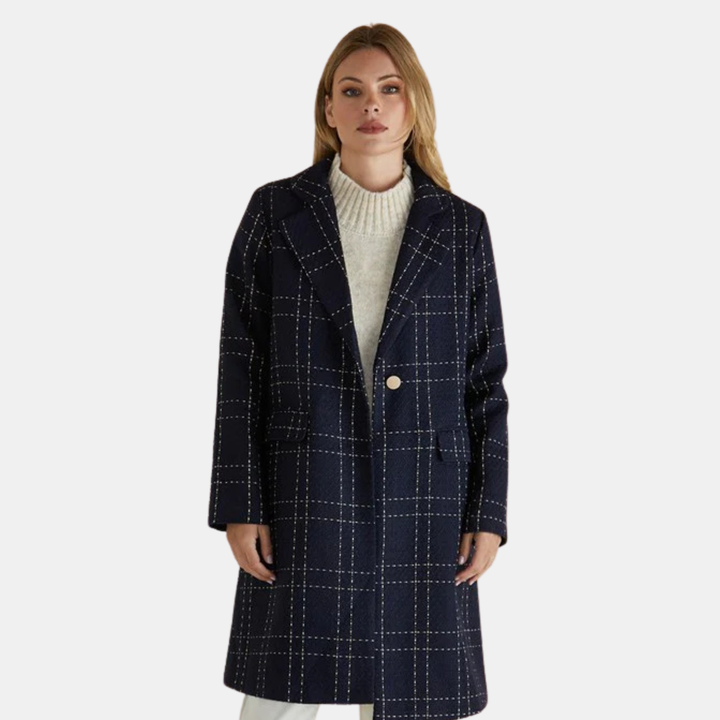 Betty Basics | Genevieve Coat - Gold/Navy Check | Shut the Front Door