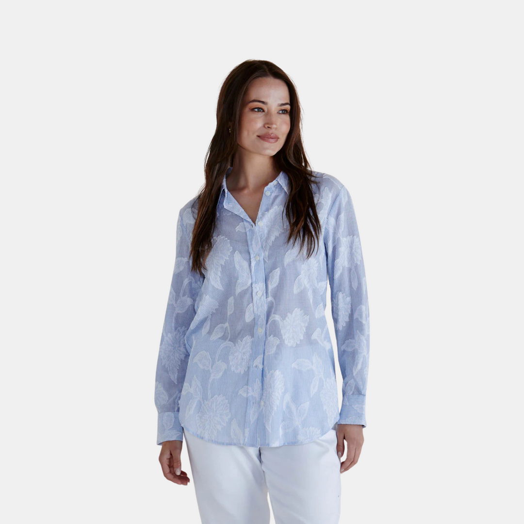 Betty Basics | Lace Stripe Shirt - Lace Floral Blue | Shut the Front Door