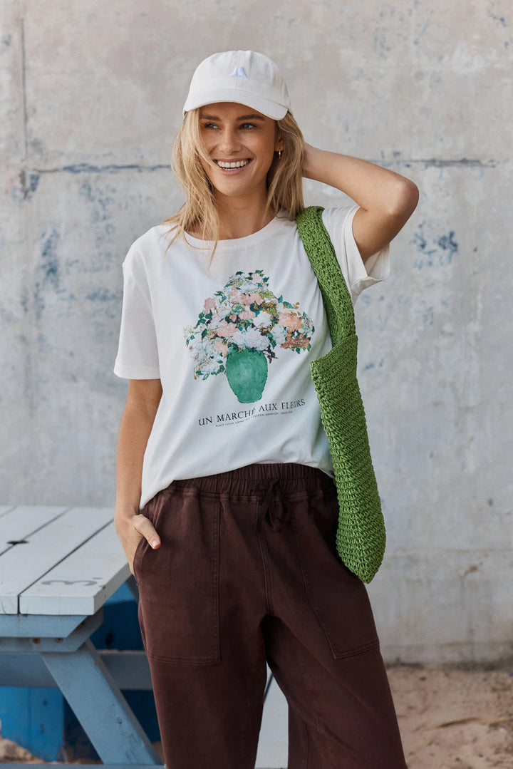Ellia Crew Tee - Flower Print - White