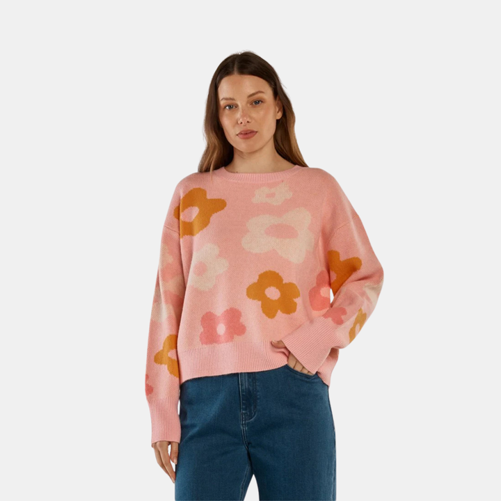 Betty Basics | Leonie Knit Sweater - Pink Jacquard Flowers | Shut the Front Door