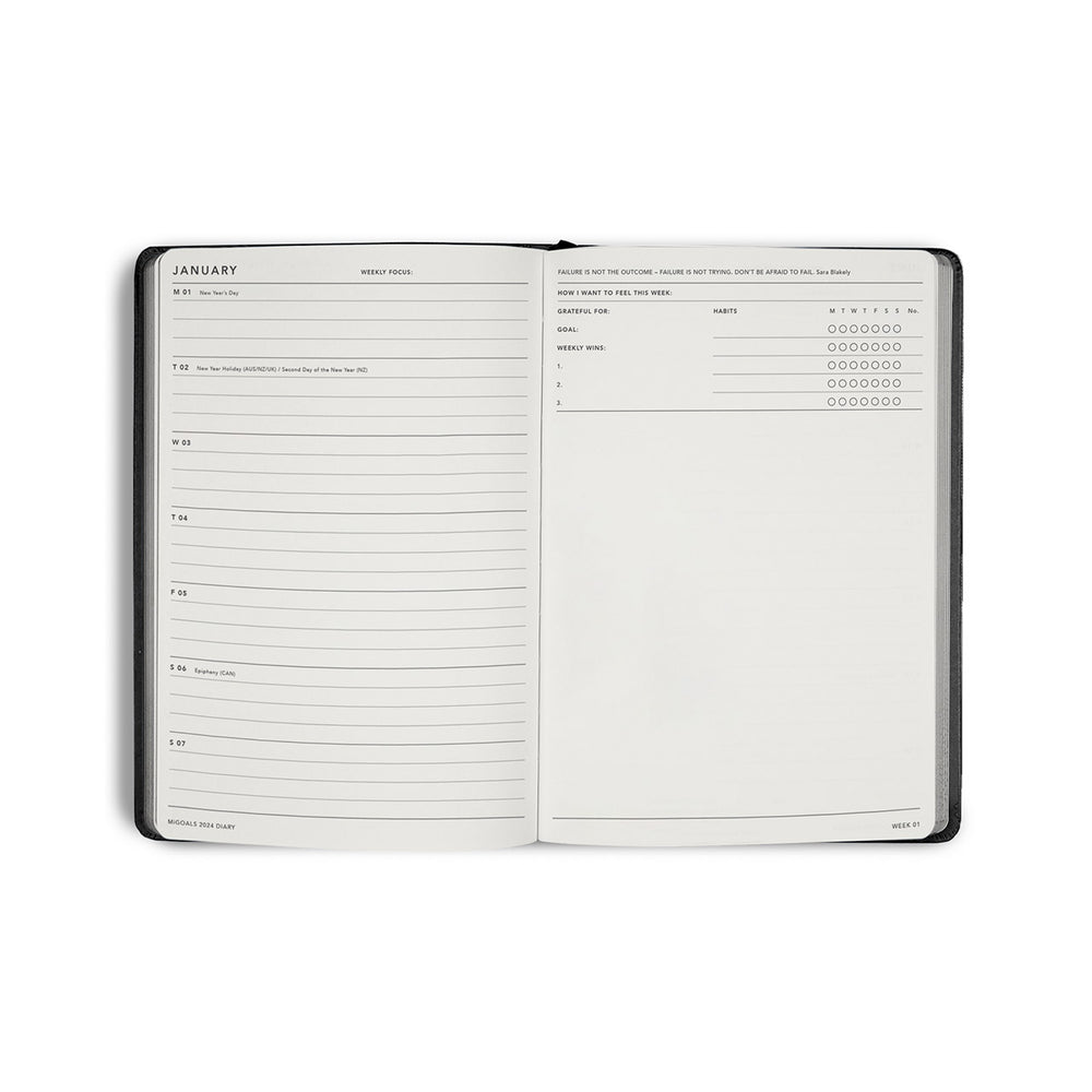 Mi Goals | 2024 Classic Weekly Notes Diary - Black | Shut the Front Door