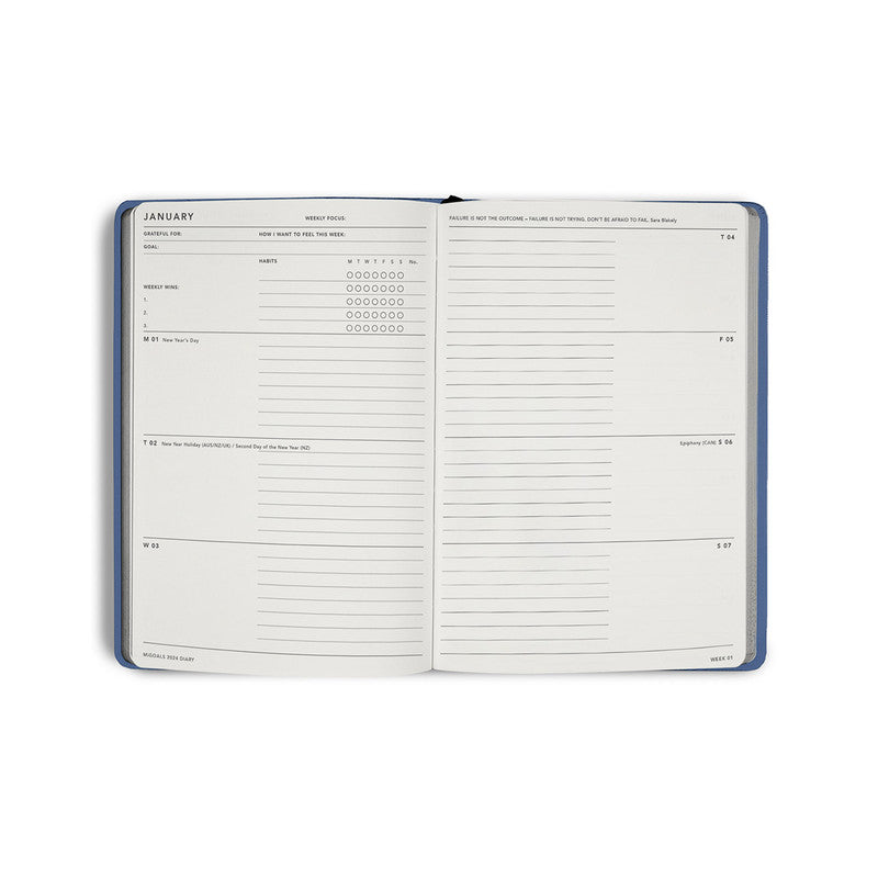 Mi Goals | 2024 Classic Weekly Spread Diary - Element Blue | Shut the Front Door