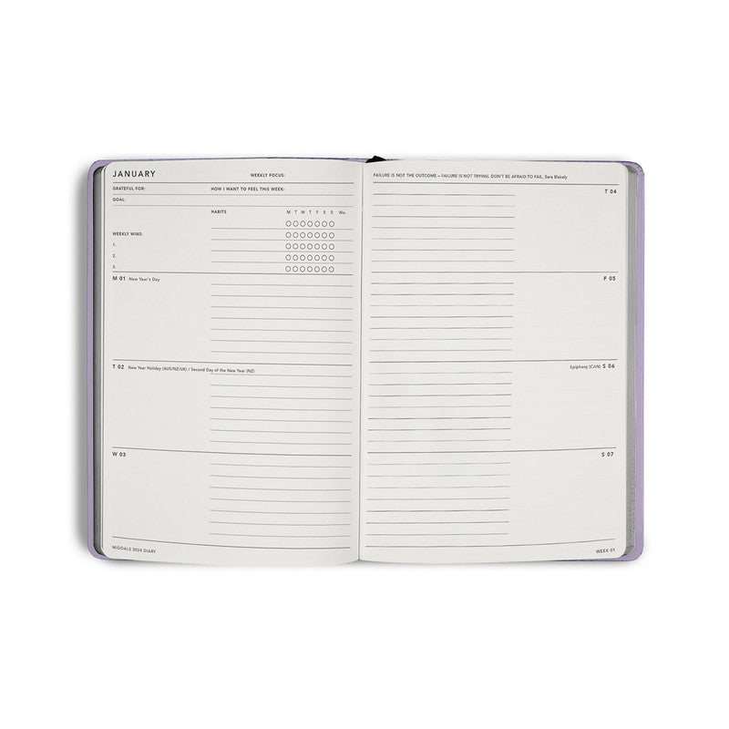 Mi Goals | 2024 Classic Weekly Spread Diary - Lilac | Shut the Front Door