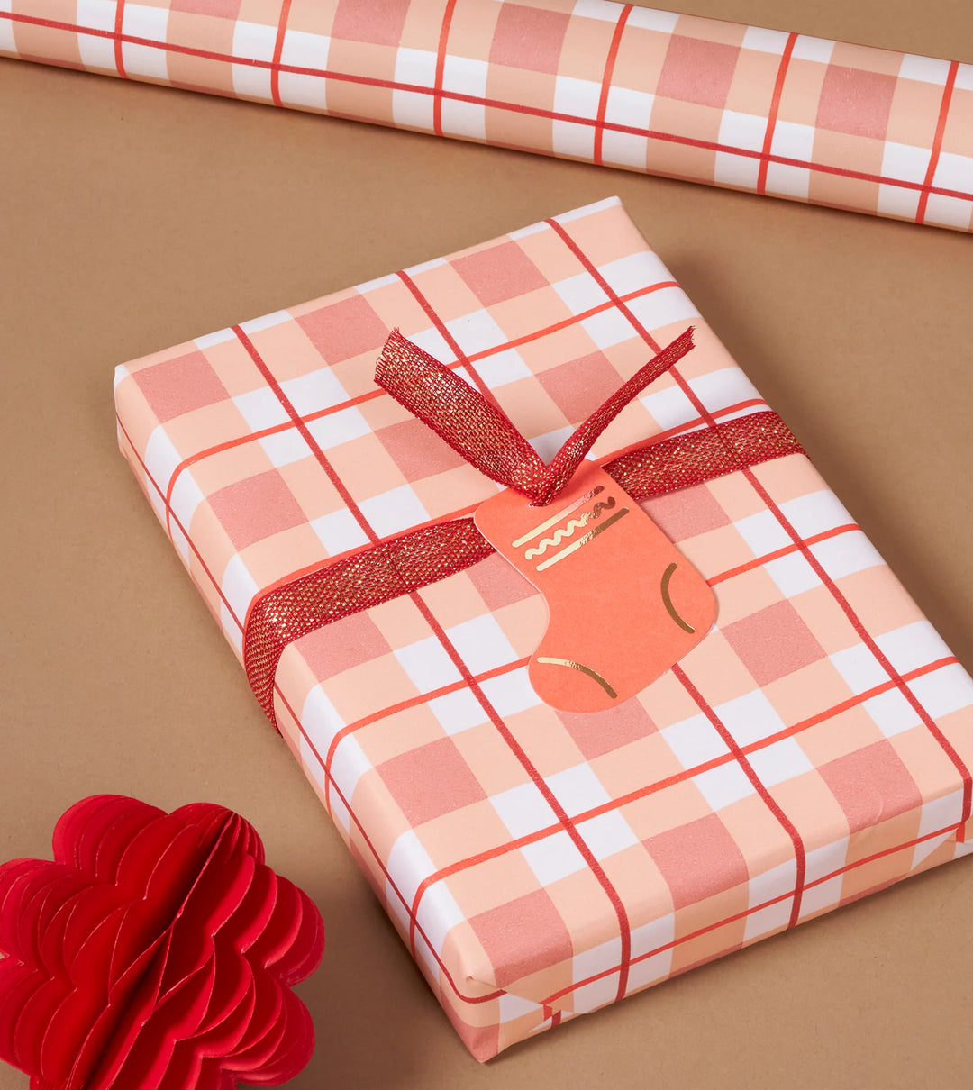 Made Paper | Gift Wrap Roll - Tartan 3m - Tan/Red | Shut the Front Door