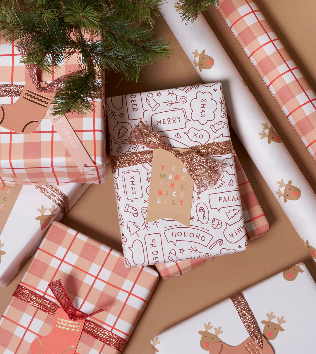 Made Paper | Gift Wrap Roll - Tartan 3m - Tan/Red | Shut the Front Door