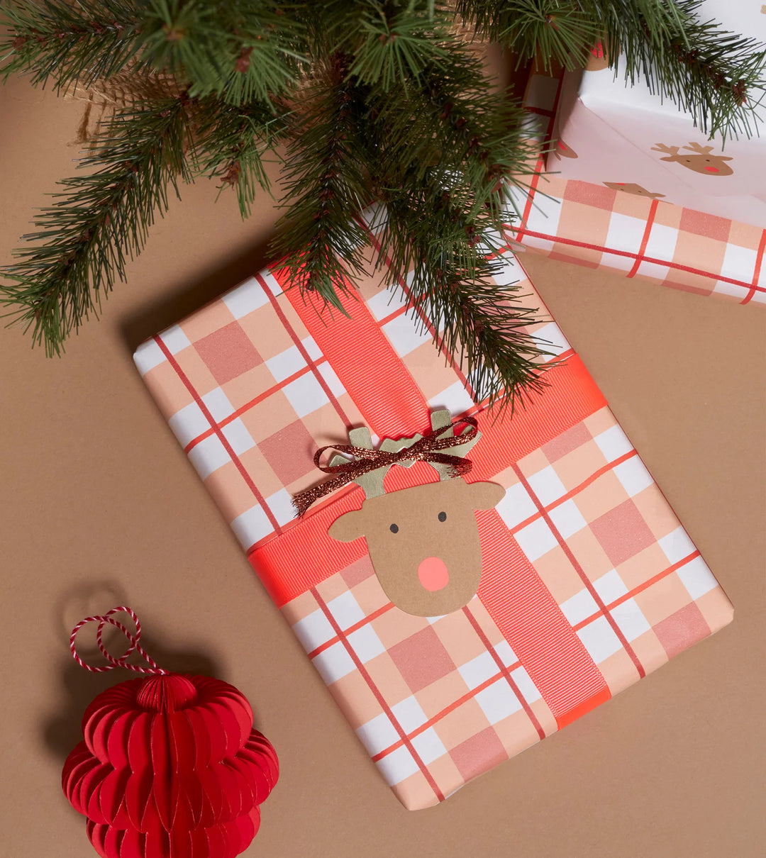 Made Paper | Gift Wrap Roll - Tartan 3m - Tan/Red | Shut the Front Door