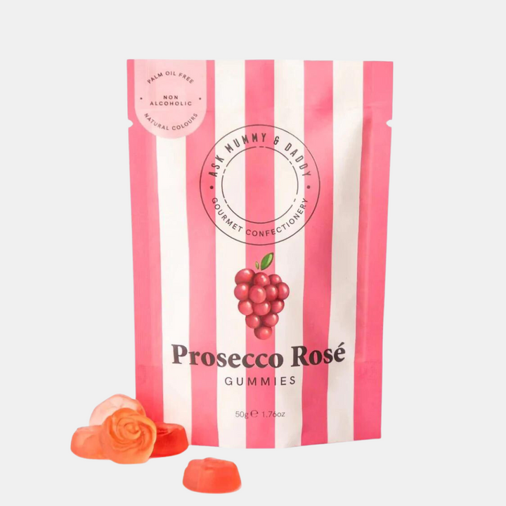 Ask Mummy & Daddy | Prosecco Rose  Gummies 50g | Shut the Front Door