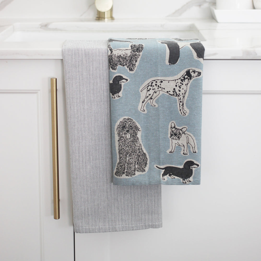 Raine & Humble | Woof Tea Towel - Charcoal Stripe | Shut the Front Door