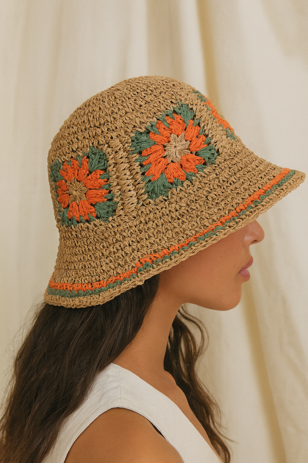 Antigone | Emilia Straw Bucket Hat - Khaki/Orange | Shut the Front Door