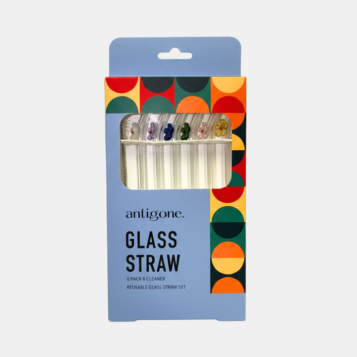 Reusable Glass Straws Set 6 - Flowers Multi
