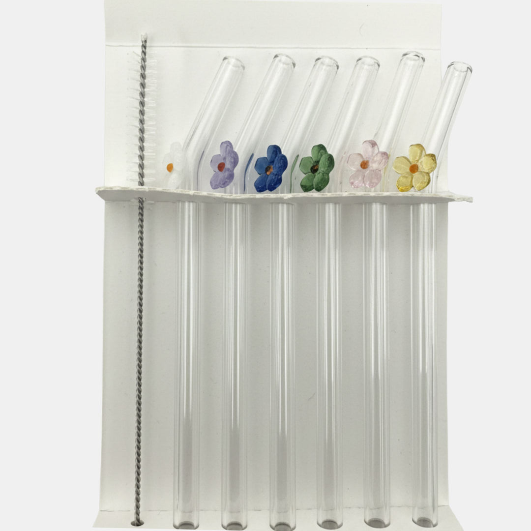 Reusable Glass Straws Set 6 - Flowers Multi
